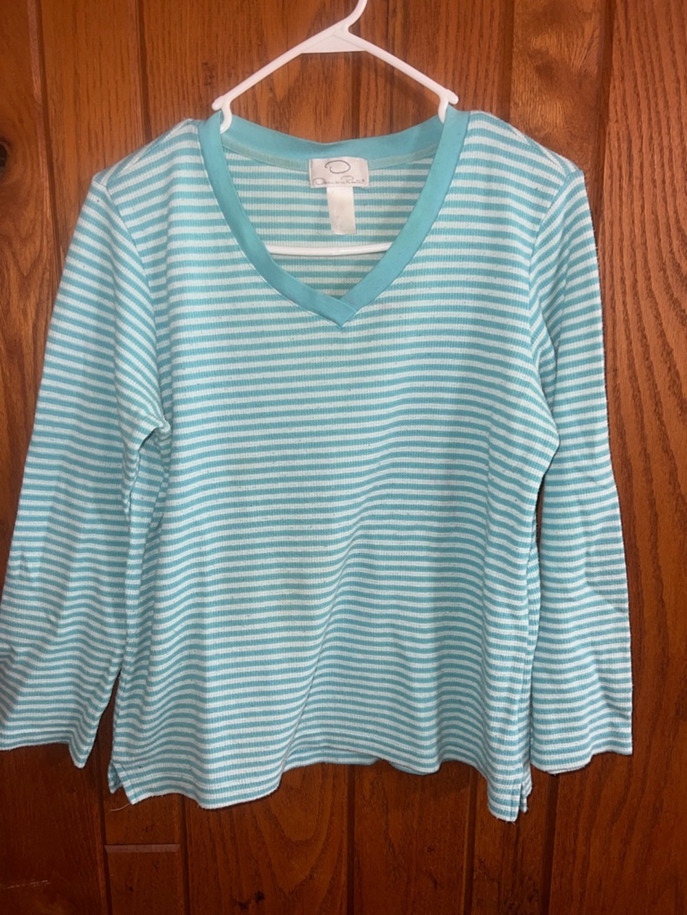 Oscar de la Renta Aqua and White Striped Long Sleeve Tee